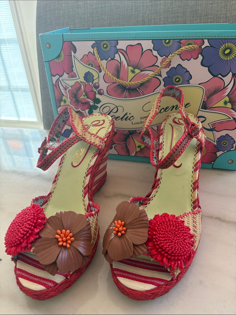 Poetic License Red Pink Wedge Sandals with Floral Appliqués